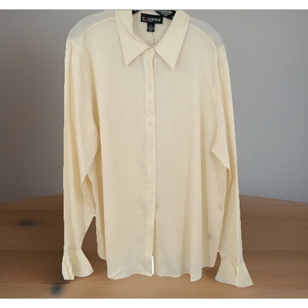 Company Ellen Tracy Wms Silk Blouse 16 Cream Button Up Flounce Cuff Minimalist